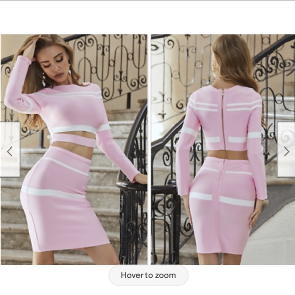 NEW! ELEGANT CO ORD 2 PIECE SET LONG SLEEVE TOP & SKIRT SET PINK & WHITE STRIPE - Picture 3 of 11